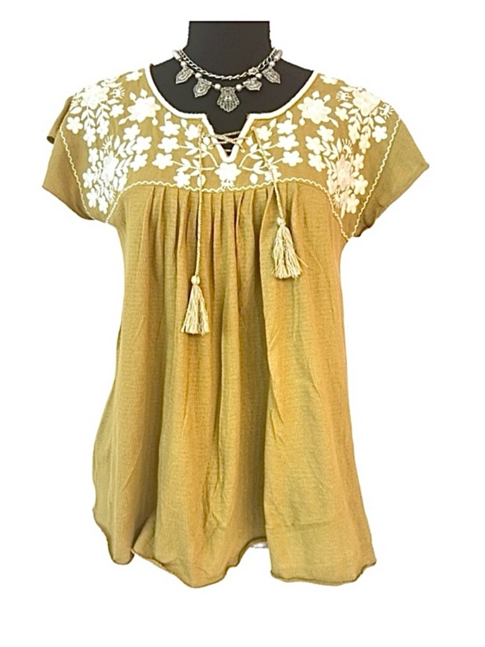 LUCKY BRAND ~ Chartreuse Flutter Sleeve Blouse with White Embroidery and Tassels